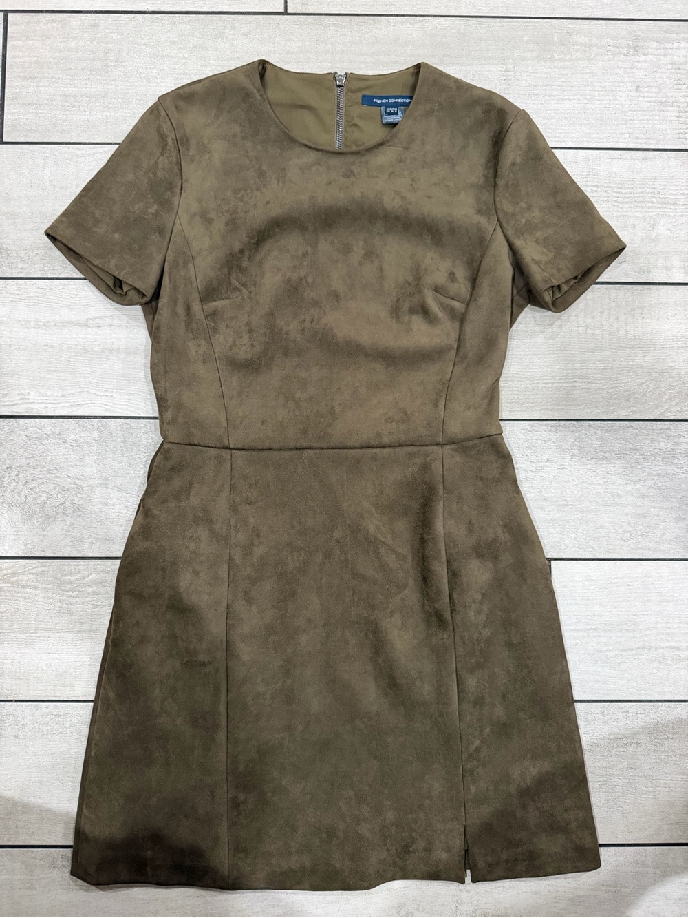 French Connection Olive Suede Short Sleeve A-Line Dress